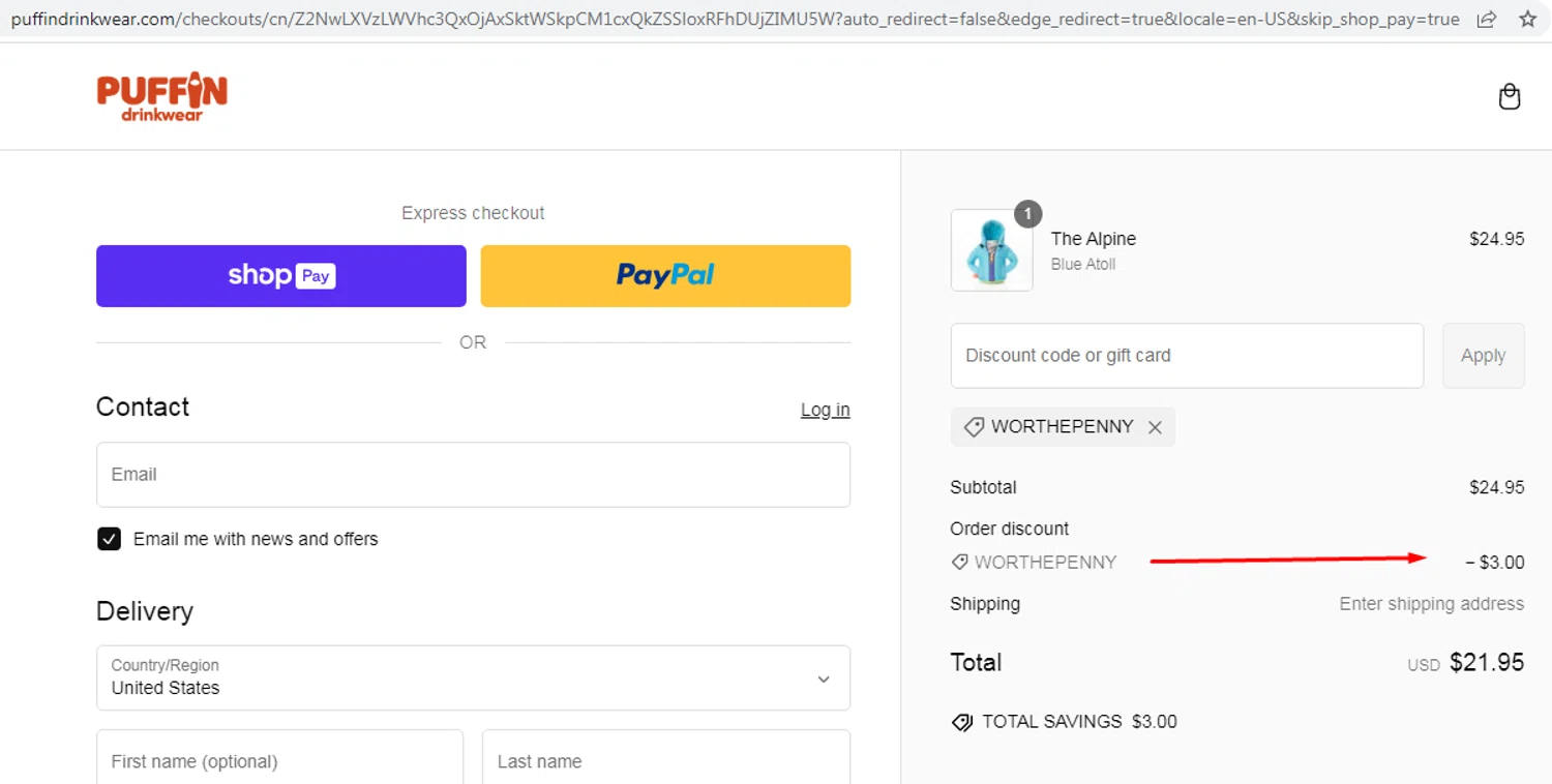 Puffin promo code screenshot showing code worthepenny applied at Puffin checkout page. Uploaded by SimplyCodes community member EMILIANOMASABE on Feb 11, 2025