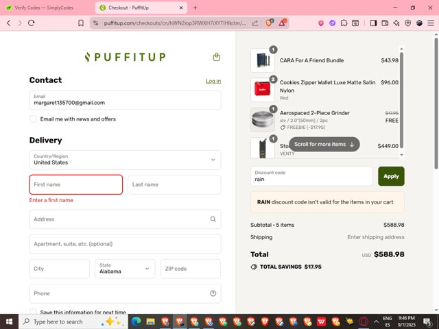 PuffItUp checkout page showing PuffItUp promo code box | Screenshot taken by SimplyCodes community member on Sep 8, 2025