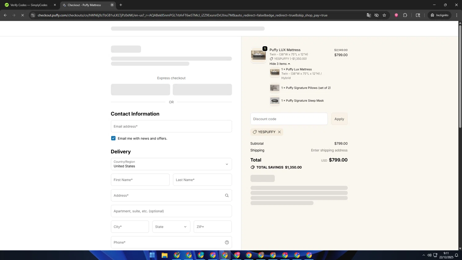 Puffy promo code screenshot showing code YESPUFFY applied at Puffy checkout page. Uploaded by SimplyCodes community member SwiftSage2309 on Dec 22, 2025