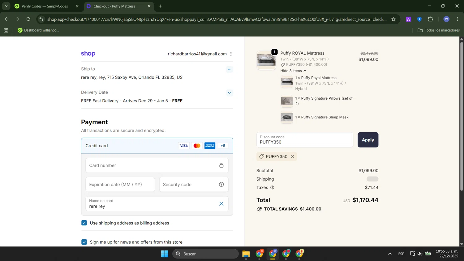 Puffy promo code screenshot showing code PUFFY350 applied at Puffy checkout page. Uploaded by SimplyCodes community member ThriftyTracker446 on Dec 22, 2025
