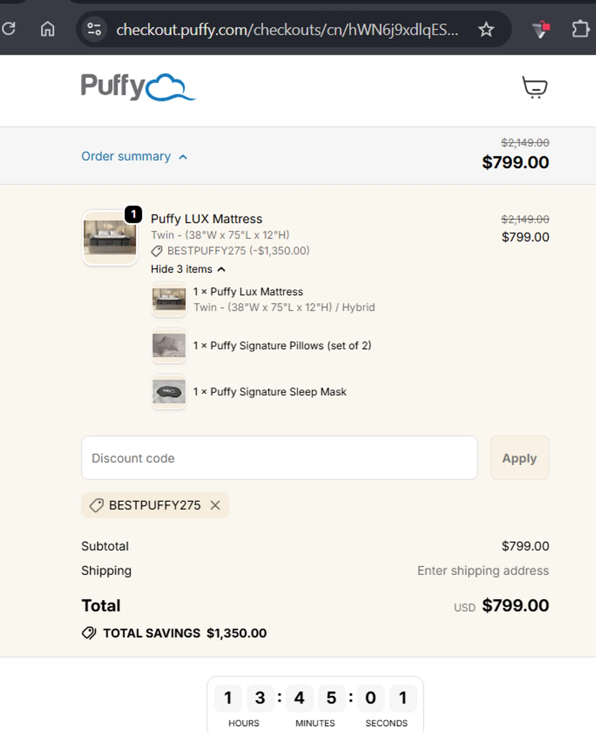 Puffy promo code screenshot showing code BESTPUFFY275 applied at Puffy checkout page. Uploaded by SimplyCodes community member WonderExpert2552 on Dec 22, 2025