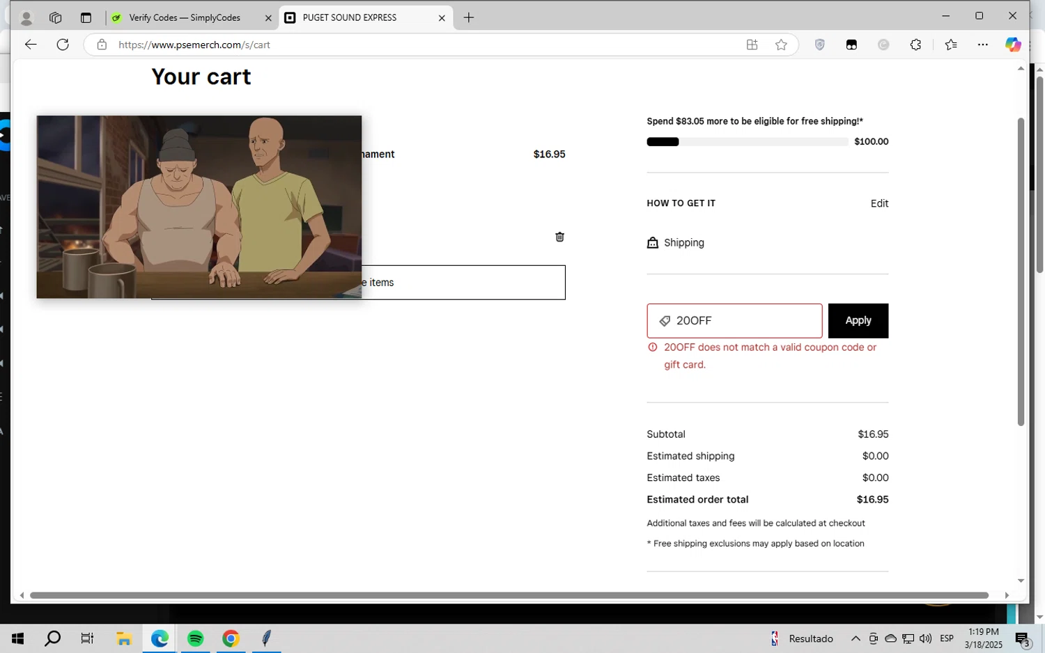 Puget Sound Express promo code screenshot showing code 20OFF applied at Puget Sound Express checkout page. Uploaded by SimplyCodes community member GloriousWizard5474 on Mar 18, 2025