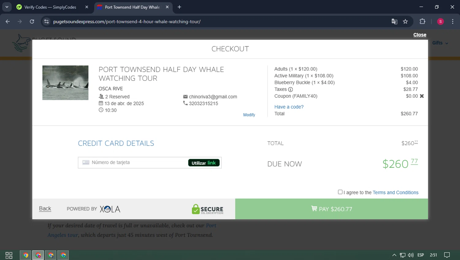 Puget Sound Express promo code screenshot showing code FAMILY40 applied at Puget Sound Express checkout page. Uploaded by SimplyCodes community member ELMORADO on Mar 3, 2025