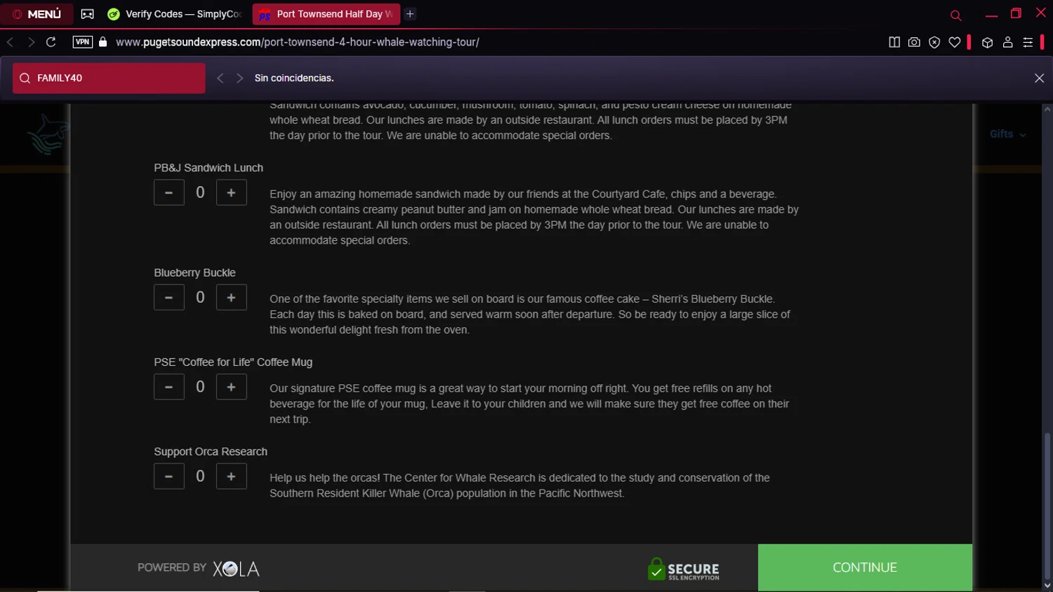 Puget Sound Express promo code screenshot showing code FAMILY40 applied at Puget Sound Express checkout page. Uploaded by SimplyCodes community member Gabrielpato on Mar 3, 2025