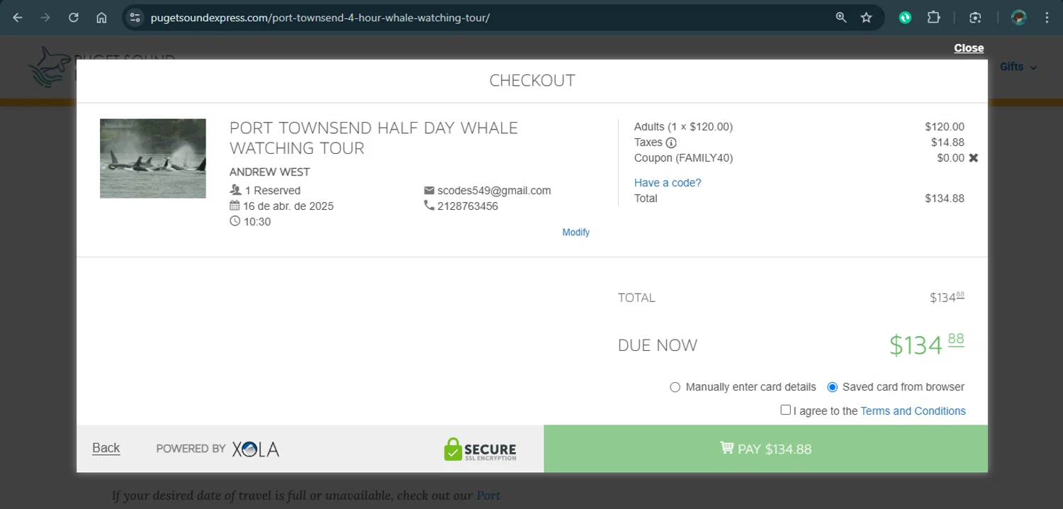Puget Sound Express promo code screenshot showing code FAMILY40 applied at Puget Sound Express checkout page. Uploaded by SimplyCodes community member xAngel on Mar 3, 2025