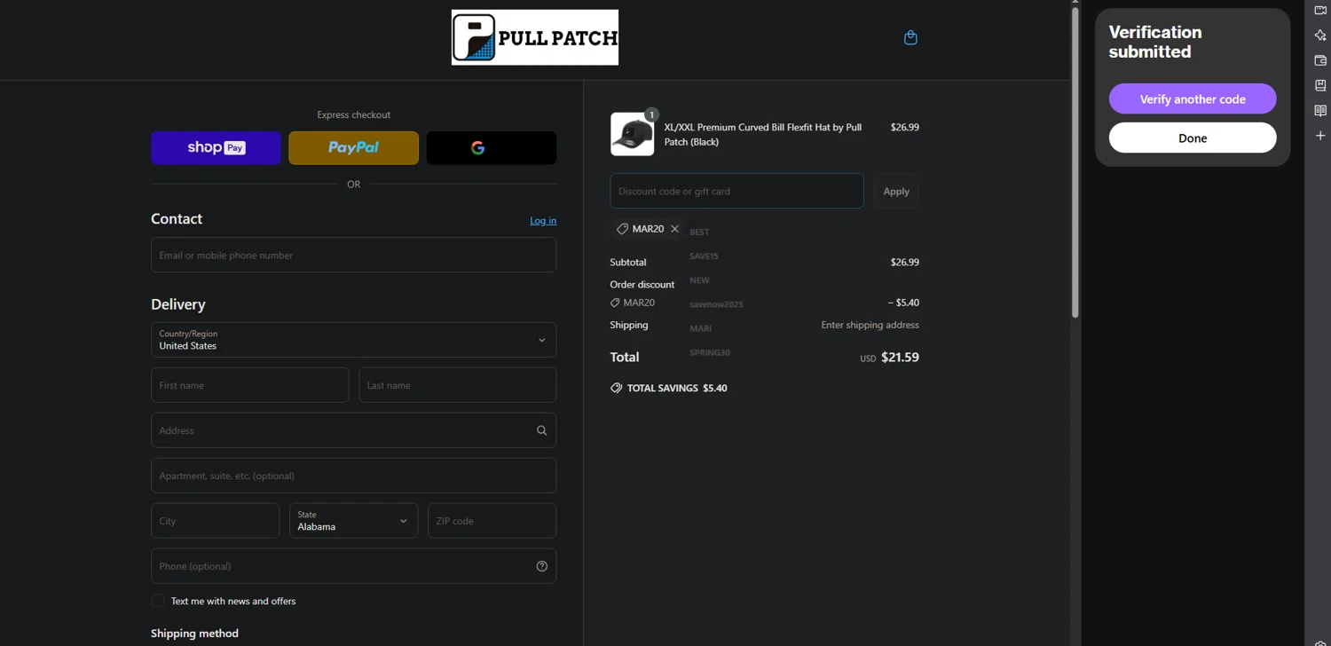 Pull Patch discount code screenshot showing code MAR20 applied at Pull Patch checkout page. Uploaded by SimplyCodes community member POWERRANGERRED on Jun 15, 2025