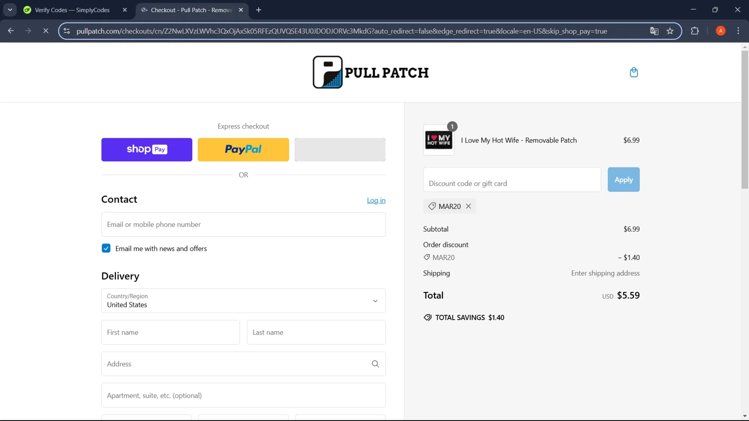 Pull Patch discount code screenshot showing code MAR20 applied at Pull Patch checkout page. Uploaded by SimplyCodes community member GoldChaser2970 on Feb 17, 2025