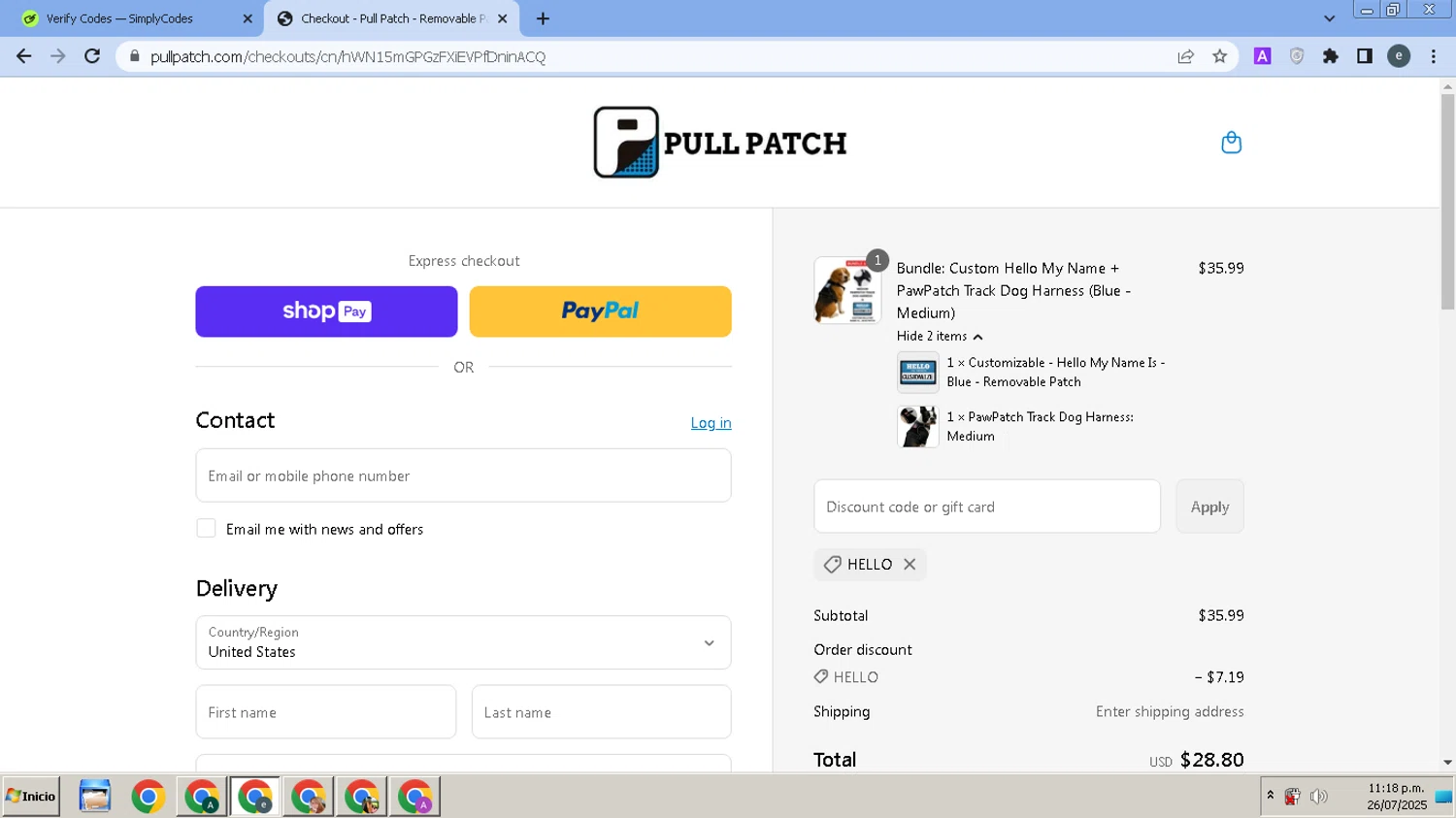 Pull Patch discount code screenshot showing code HELLO applied at Pull Patch checkout page. Uploaded by SimplyCodes community member MightyPro980 on Jul 27, 2025