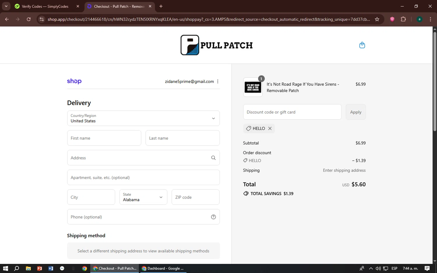 Pull Patch discount code screenshot showing code HELLO applied at Pull Patch checkout page. Uploaded by SimplyCodes community member zizu55 on Sep 16, 2025