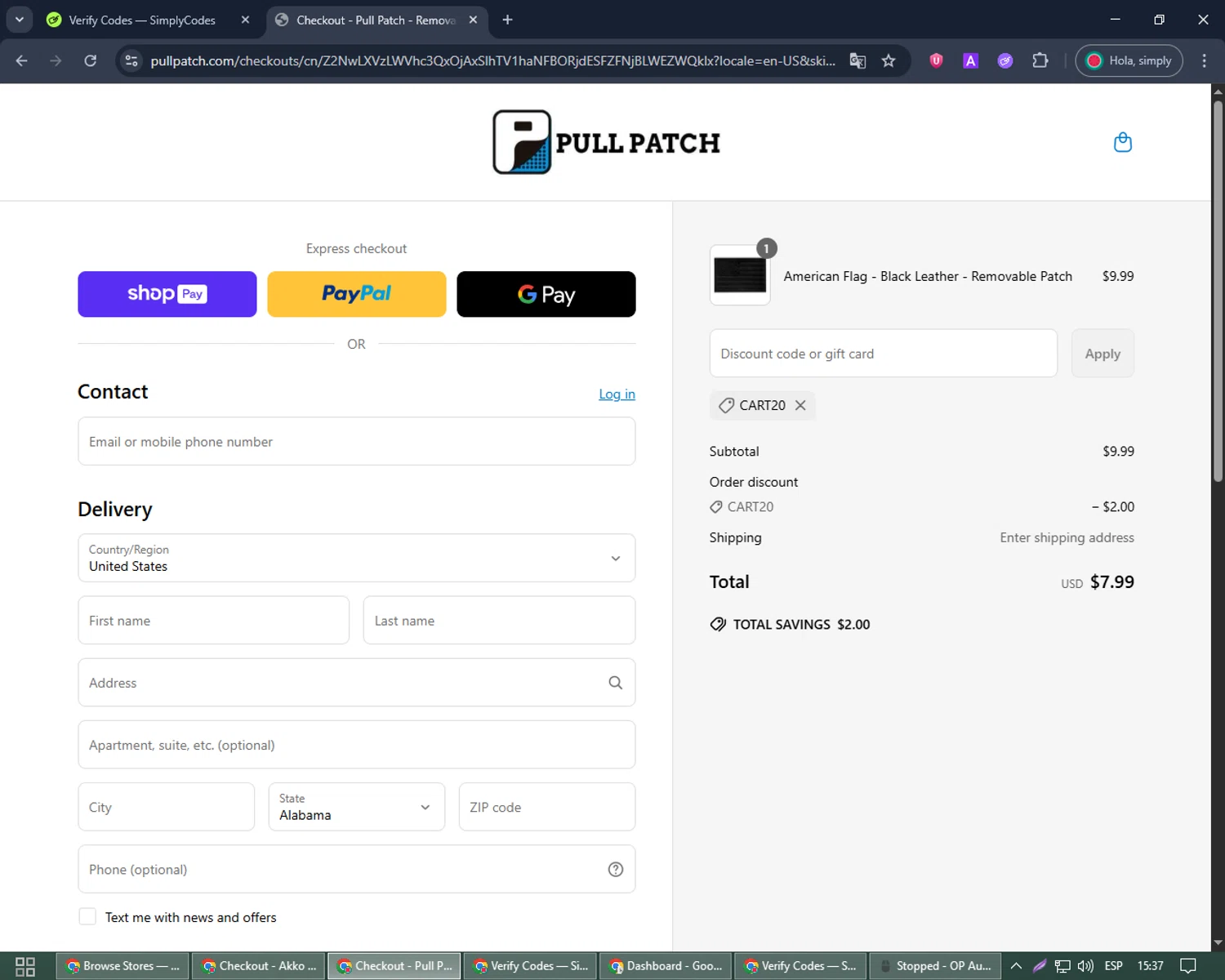 Pull Patch discount code screenshot showing code CART20 applied at Pull Patch checkout page. Uploaded by SimplyCodes community member Joseph_Davis on Jun 15, 2025