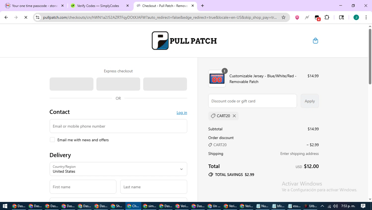 Pull Patch discount code screenshot showing code CART20 applied at Pull Patch checkout page. Uploaded by SimplyCodes community member SavvyCurator1770 on Aug 8, 2025