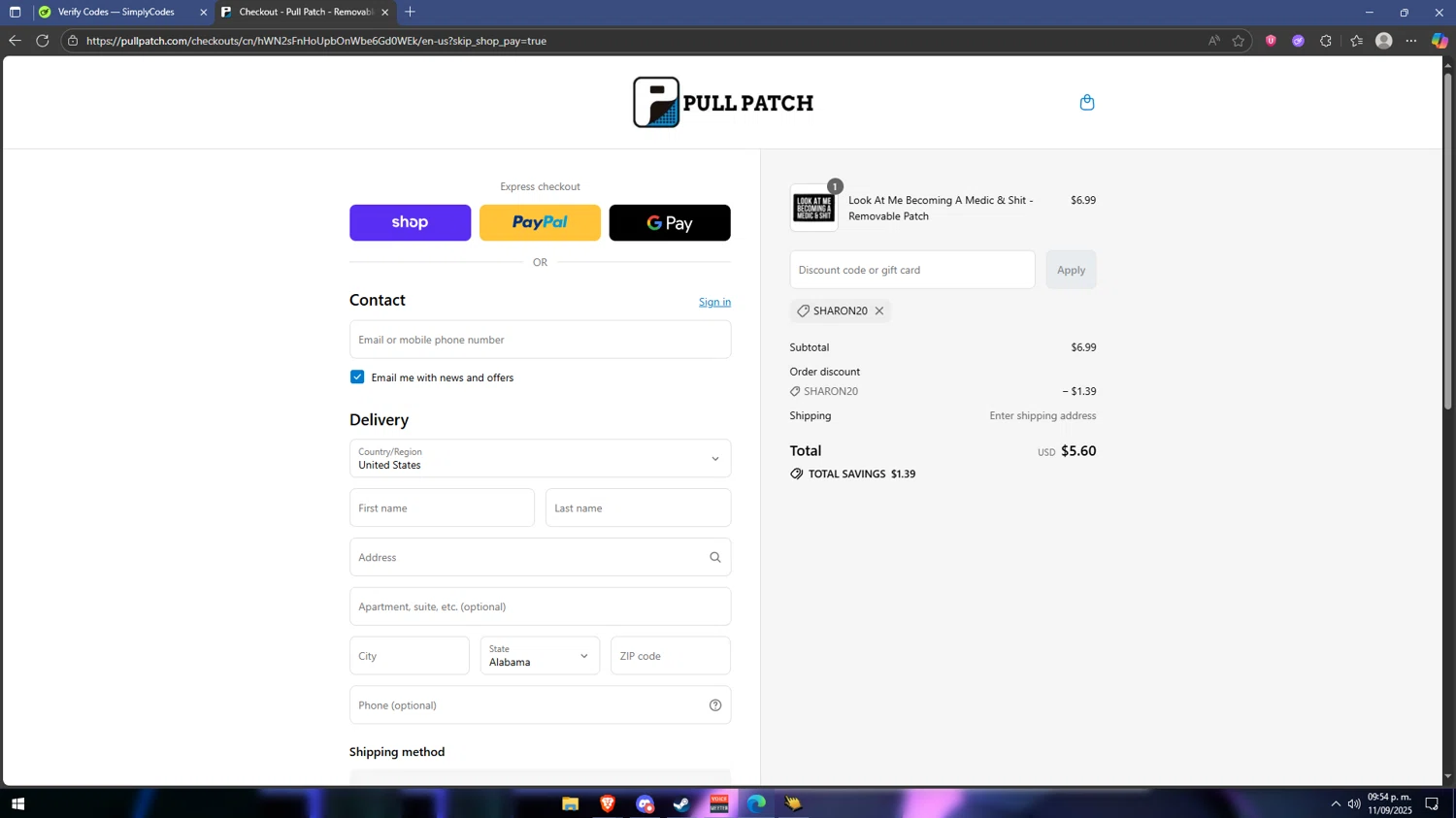 Pull Patch discount code screenshot showing code SHARON20 applied at Pull Patch checkout page. Uploaded by SimplyCodes community member Vipera on Sep 12, 2025