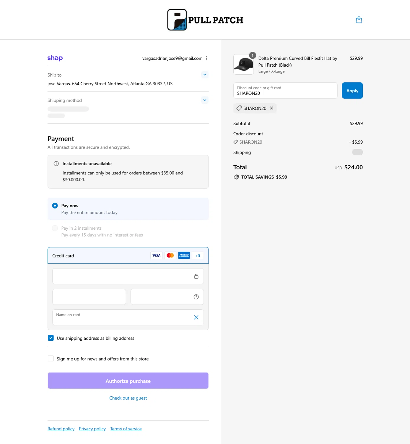 Pull Patch discount code screenshot showing code SHARON20 applied at Pull Patch checkout page. Uploaded by SimplyCodes community member WladimirV on Sep 16, 2025
