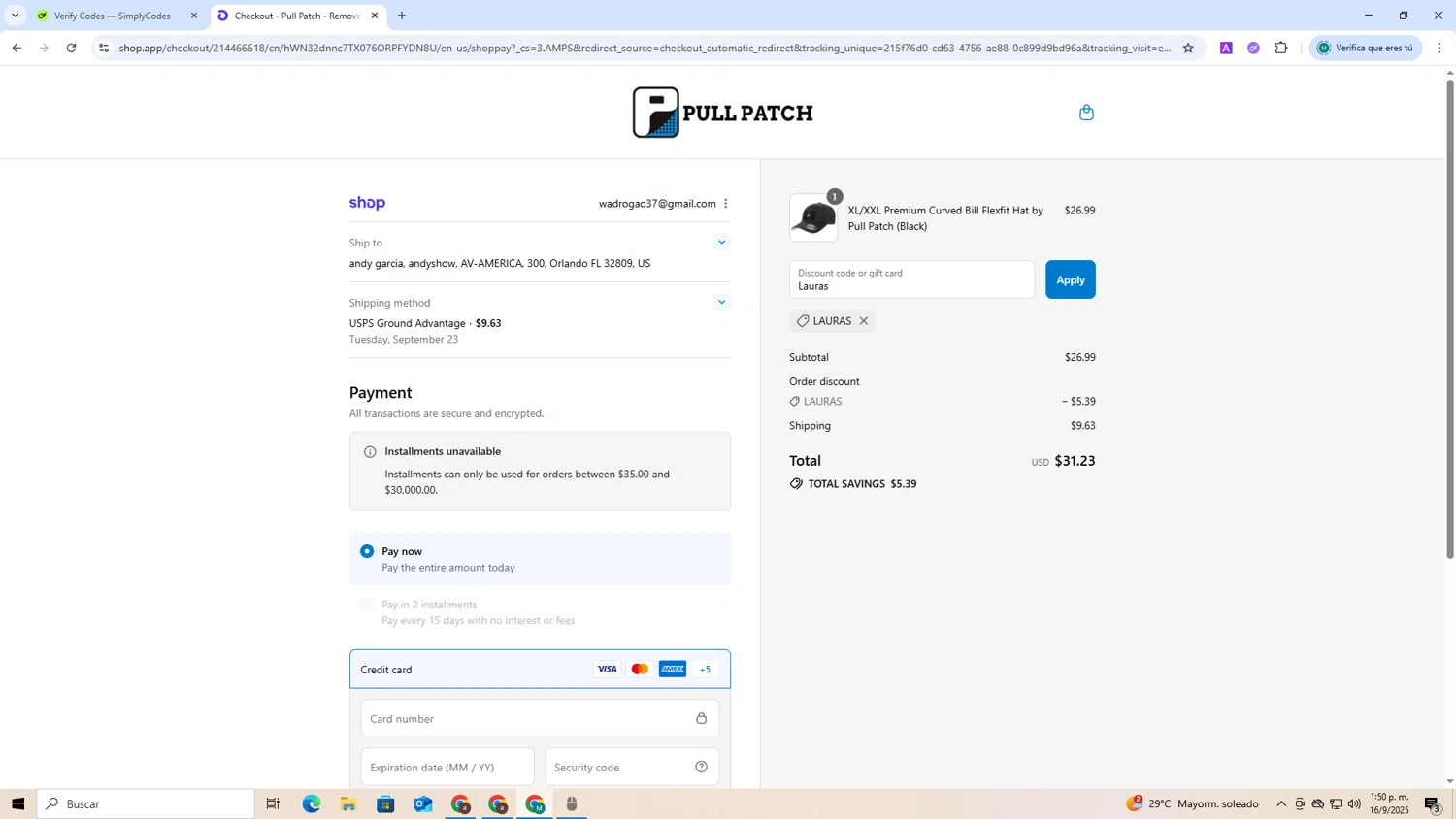 Pull Patch discount code screenshot showing code Lauras applied at Pull Patch checkout page. Uploaded by SimplyCodes community member CoinCollector8010 on Sep 16, 2025