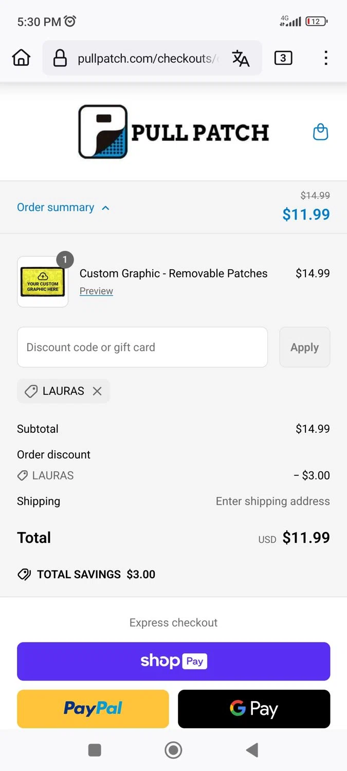 Pull Patch discount code screenshot showing code Lauras applied at Pull Patch checkout page. Uploaded by SimplyCodes community member Phoenix585 on Apr 18, 2025