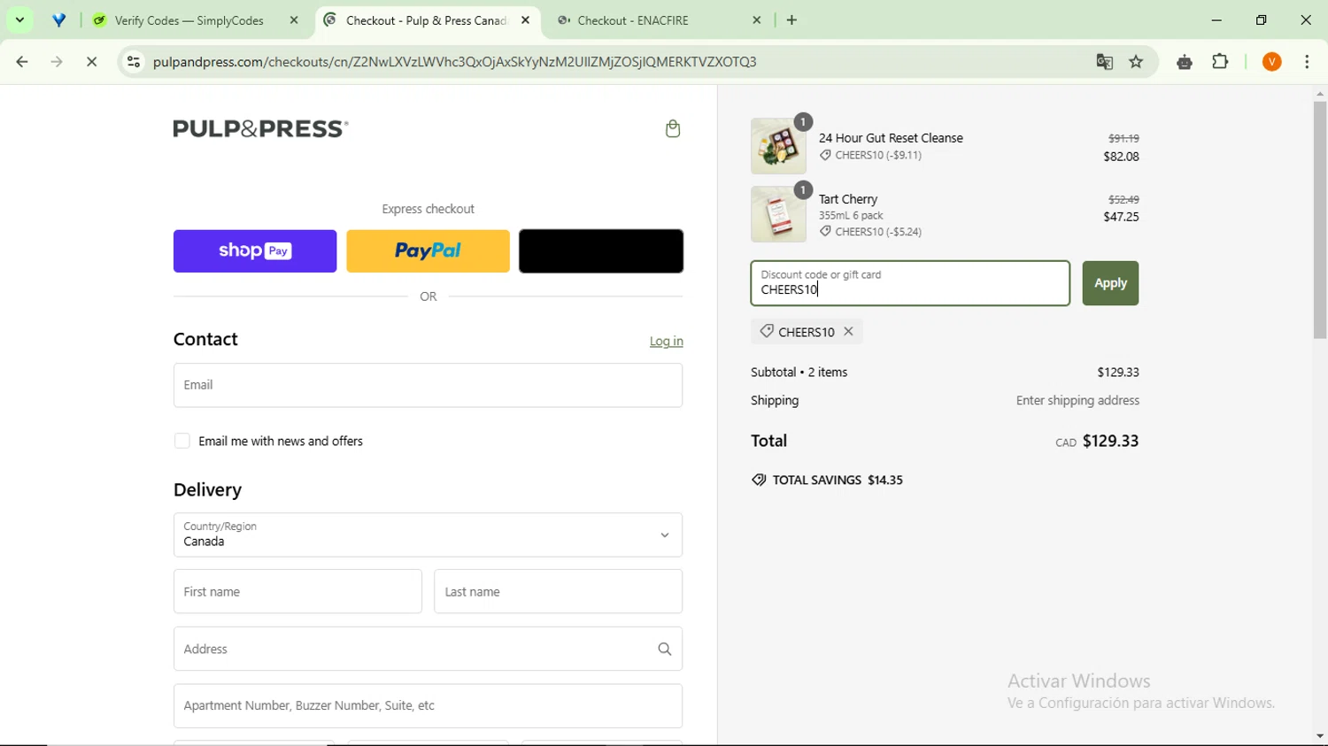 Pulp & Press Juice promo code screenshot showing code CHEERS10 applied at Pulp & Press Juice checkout page. Uploaded by SimplyCodes community member RebateSaver5991 on Jan 8, 2025