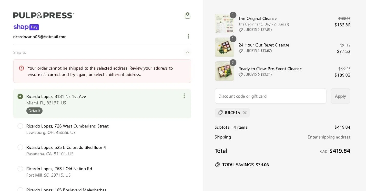 Pulp & Press Juice promo code screenshot showing code JUICE15 applied at Pulp & Press Juice checkout page. Uploaded by SimplyCodes community member LAMINEJAMAL on Jun 16, 2025