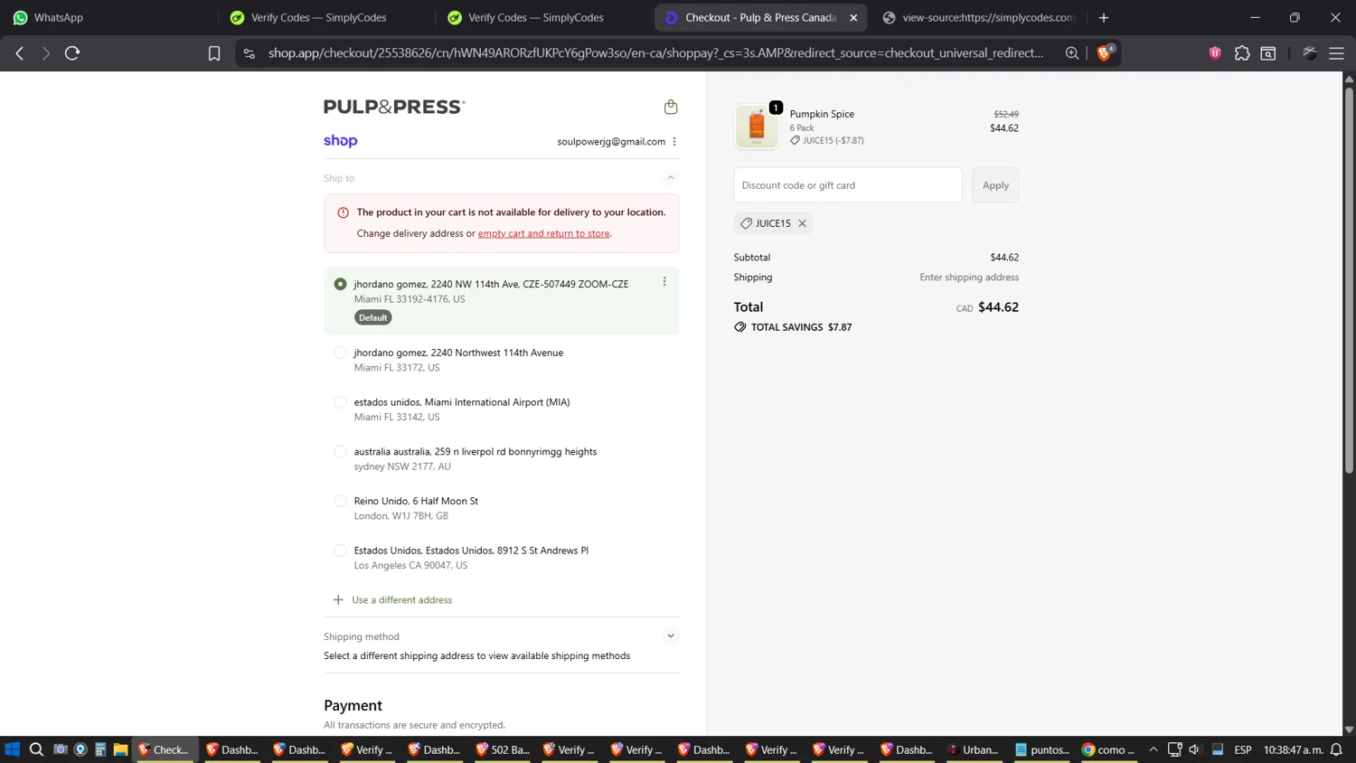 Pulp & Press Juice promo code screenshot showing code JUICE15 applied at Pulp & Press Juice checkout page. Uploaded by SimplyCodes community member SimplyGOAT on Oct 15, 2025