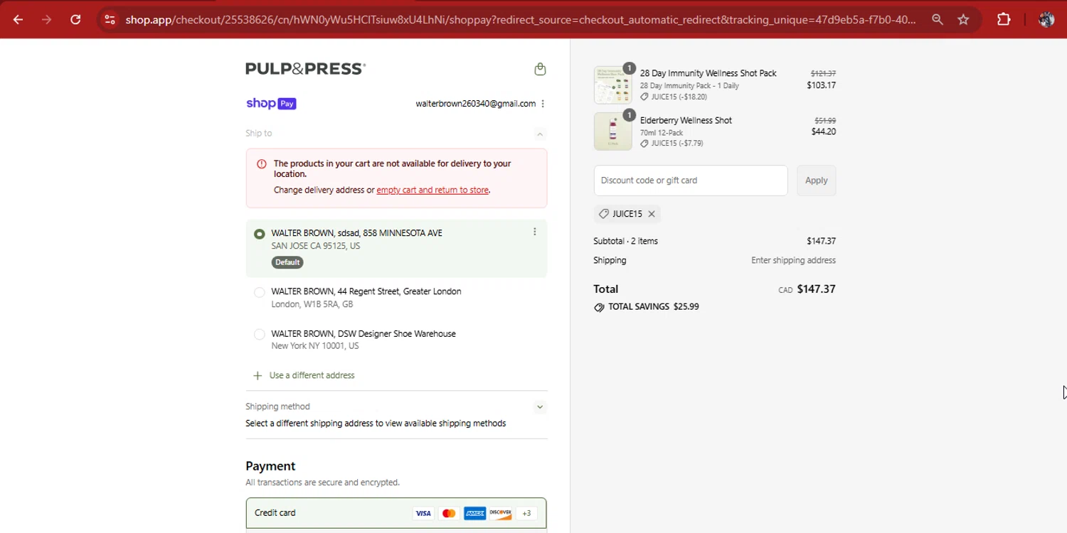 Pulp & Press Juice promo code screenshot showing code JUICE15 applied at Pulp & Press Juice checkout page. Uploaded by SimplyCodes community member kimberlinmartinez on Jul 24, 2025