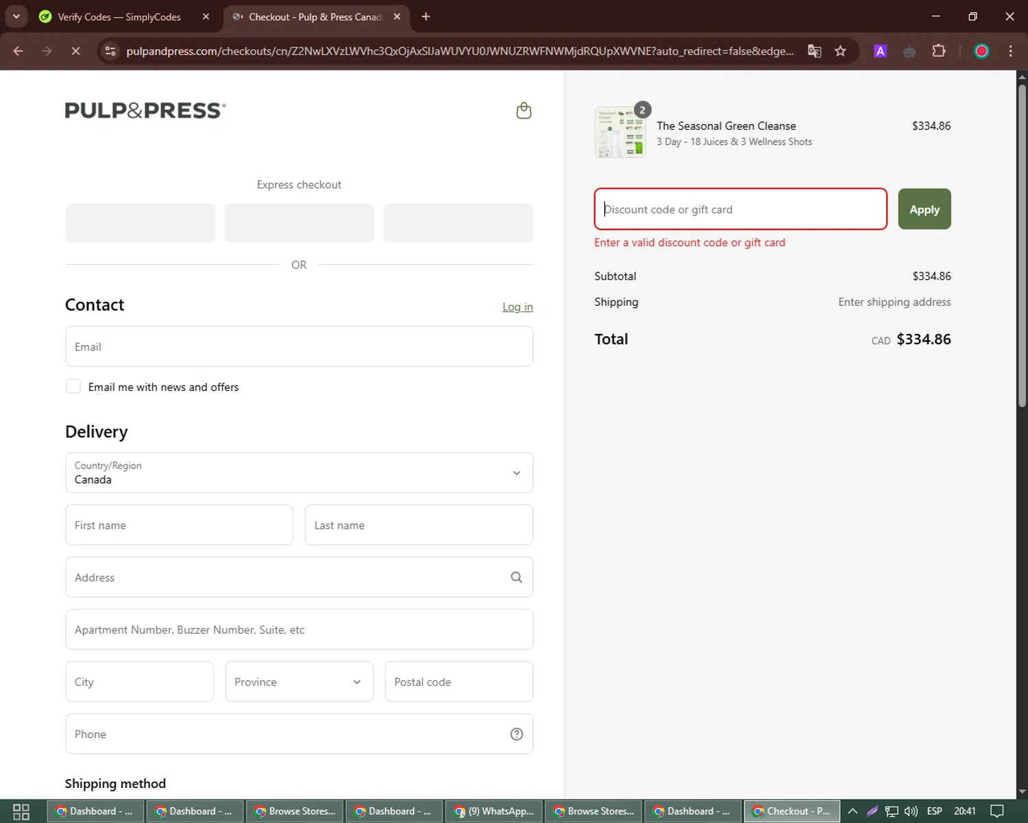 Pulp & Press Juice promo code screenshot showing code SPRINGINTOWELLNESS applied at Pulp & Press Juice checkout page. Uploaded by SimplyCodes community member Richard_Miller on Apr 16, 2025