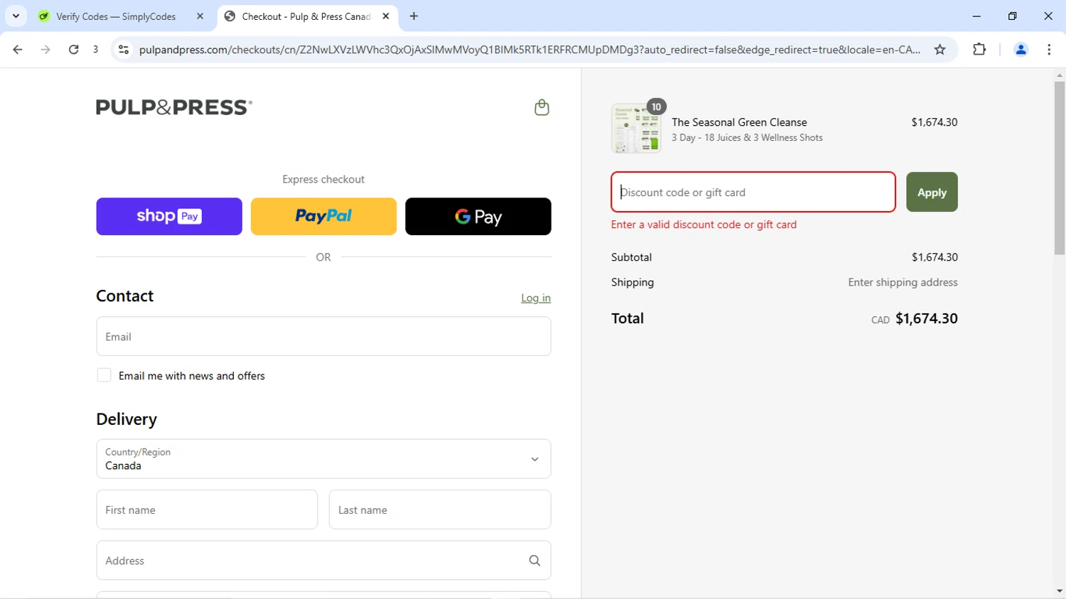 Pulp & Press Juice promo code screenshot showing code SPRINGINTOWELLNESS applied at Pulp & Press Juice checkout page. Uploaded by SimplyCodes community member SofiaVentura on Apr 16, 2025