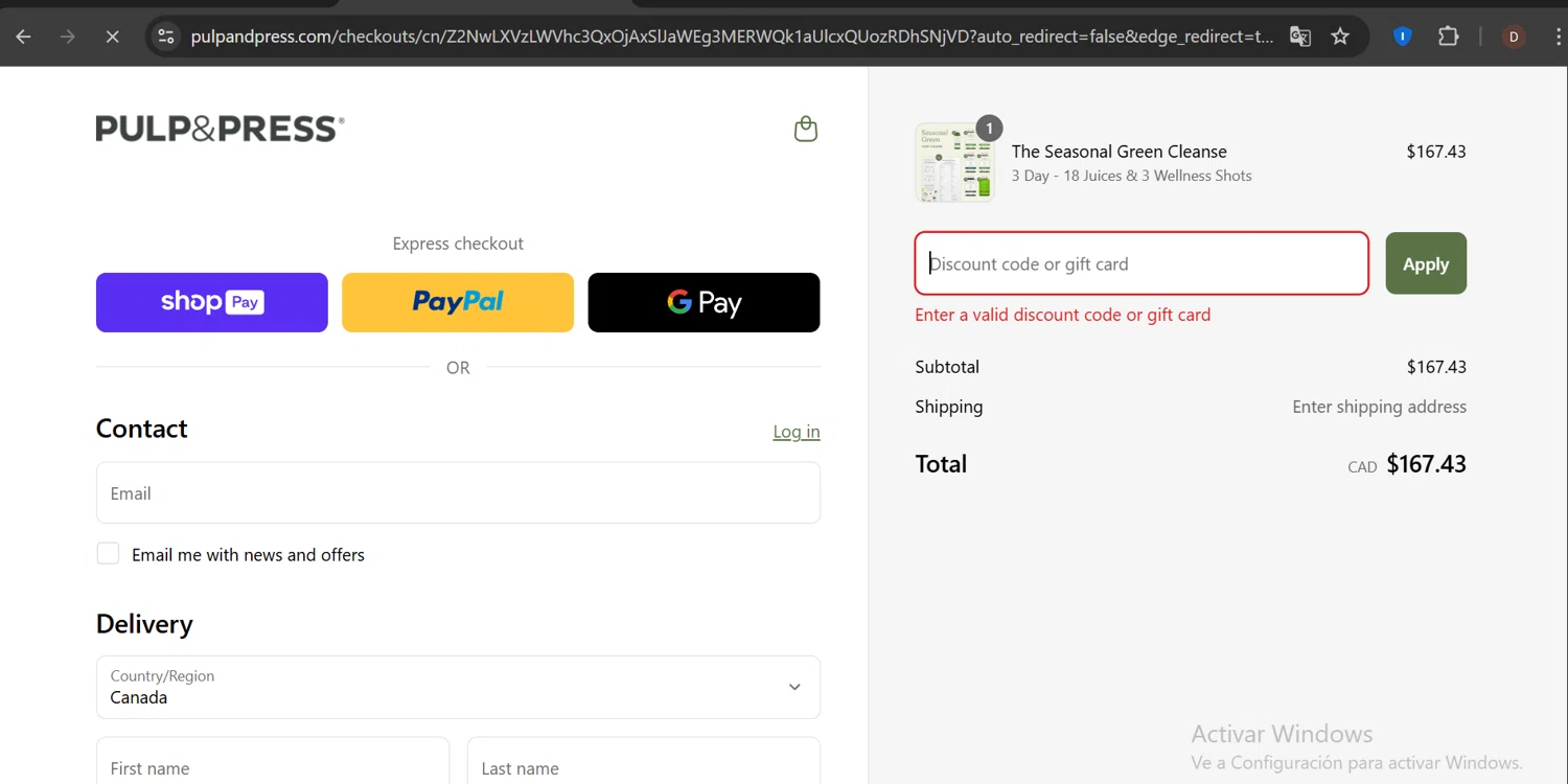 Pulp & Press Juice promo code screenshot showing code SPRINGINTOWELLNESS applied at Pulp & Press Juice checkout page. Uploaded by SimplyCodes community member PennyCaptain4684 on Apr 16, 2025