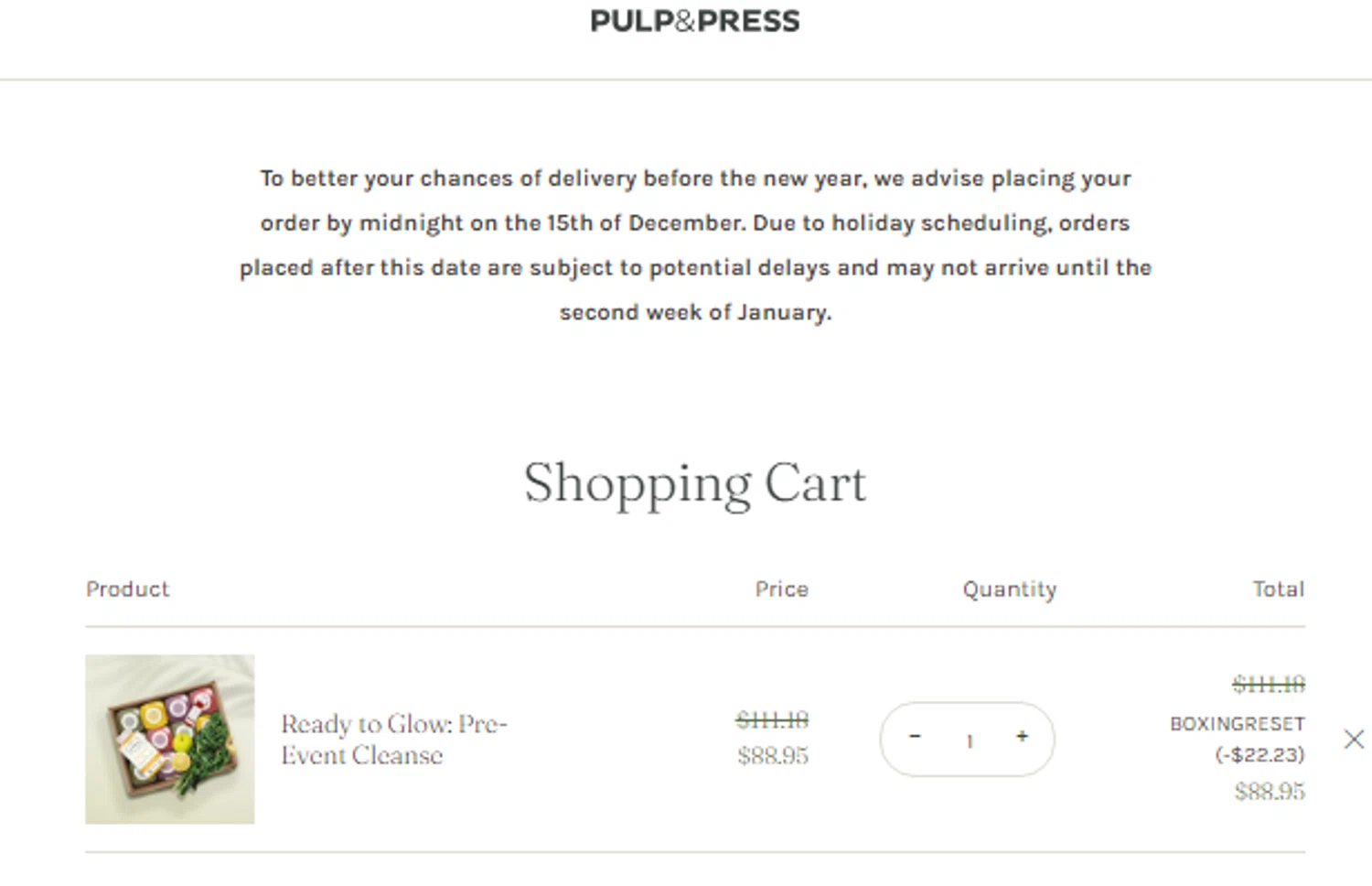 Pulp & Press Juice promo code screenshot showing code BOXINGRESET applied at Pulp & Press Juice checkout page. Uploaded by SimplyCodes community member richarddavid on Dec 26, 2024