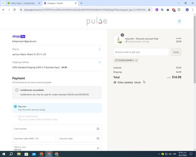 Pulse checkout page showing Pulse promo code box | Screenshot taken by SimplyCodes community member on Jul 20, 2024