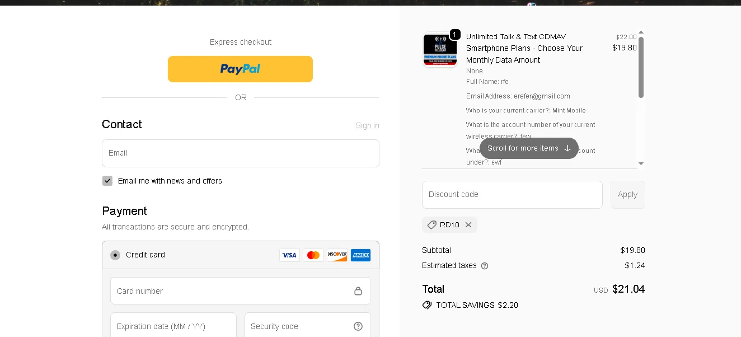 Pulse Cellular promo code screenshot showing code RD10 applied at Pulse Cellular checkout page. Uploaded by SimplyCodes community member CRYSTALSUICINE on Jan 30, 2026