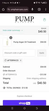 AFTERPAY25 coupon verification screenshot