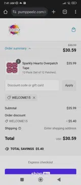 WELCOME15 coupon verification screenshot
