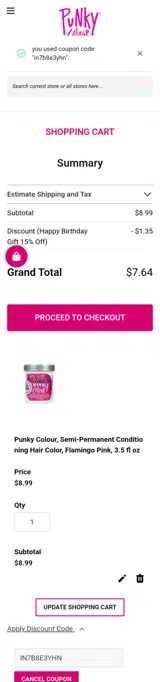 Punky Colour coupon verification screenshot