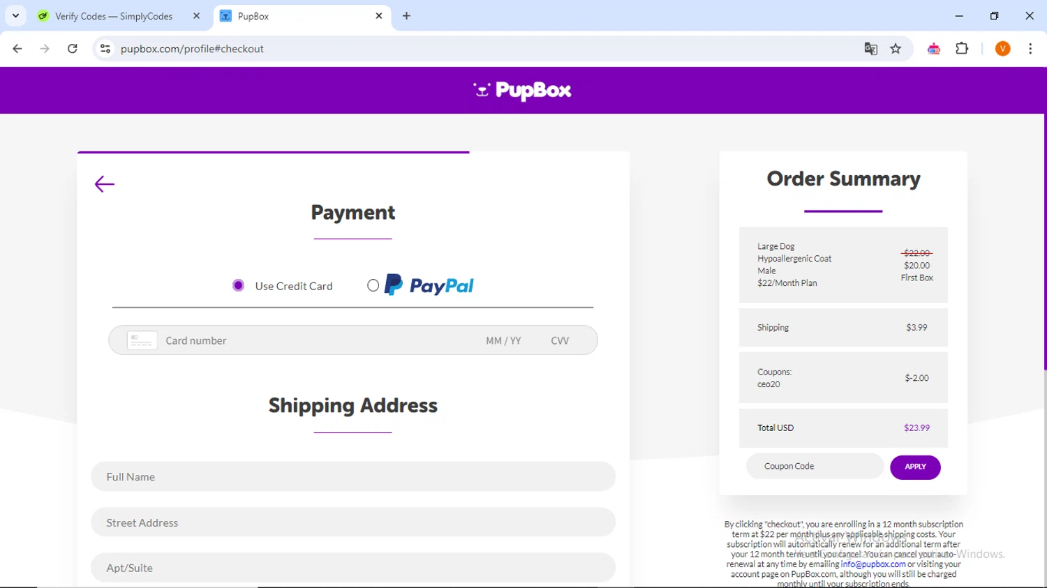 where to use PupBox promo code box