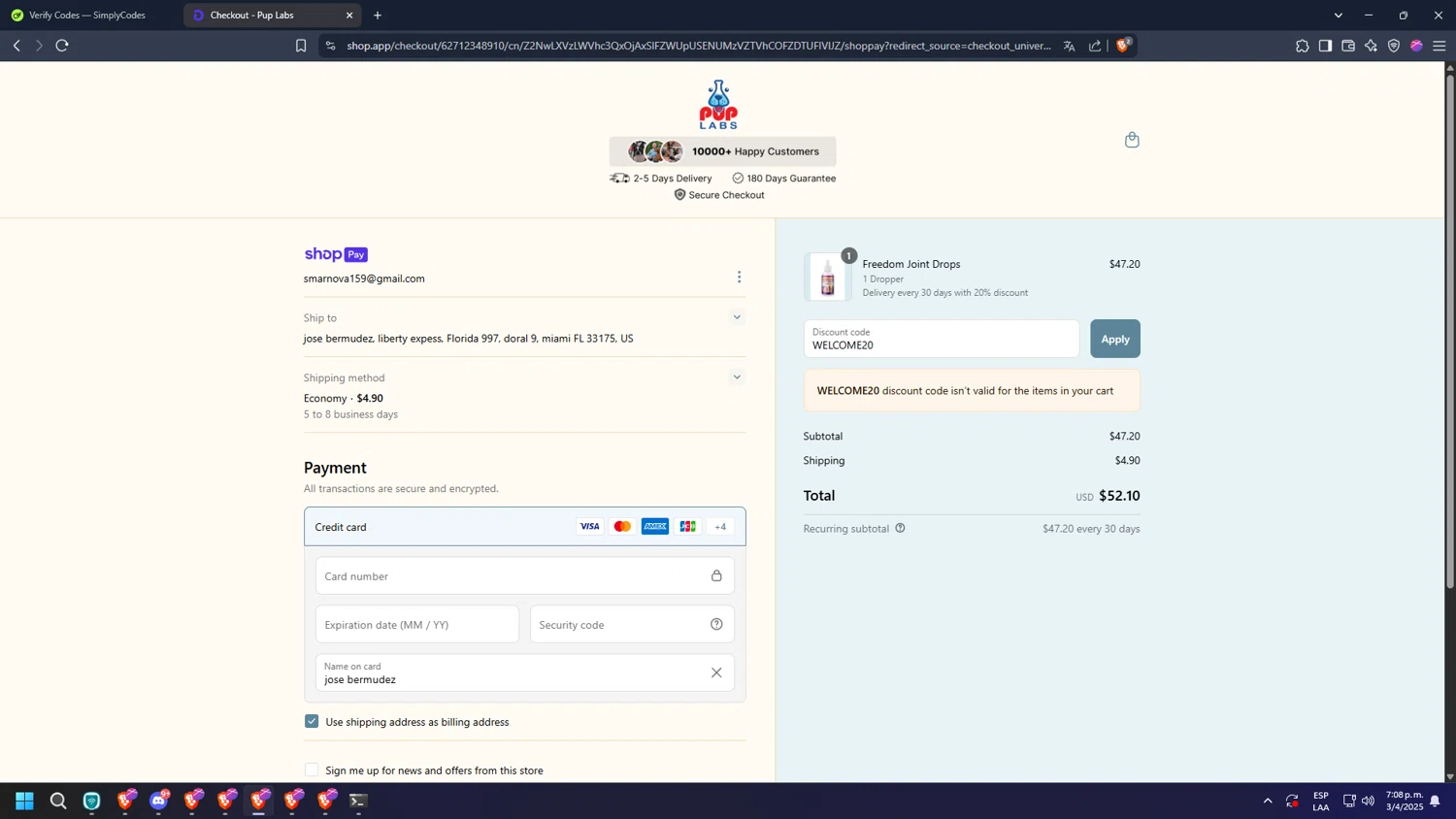 Pup Labs promo code screenshot showing code WELCOME20 applied at Pup Labs checkout page. Uploaded by SimplyCodes community member diossanto0421 on Apr 3, 2025