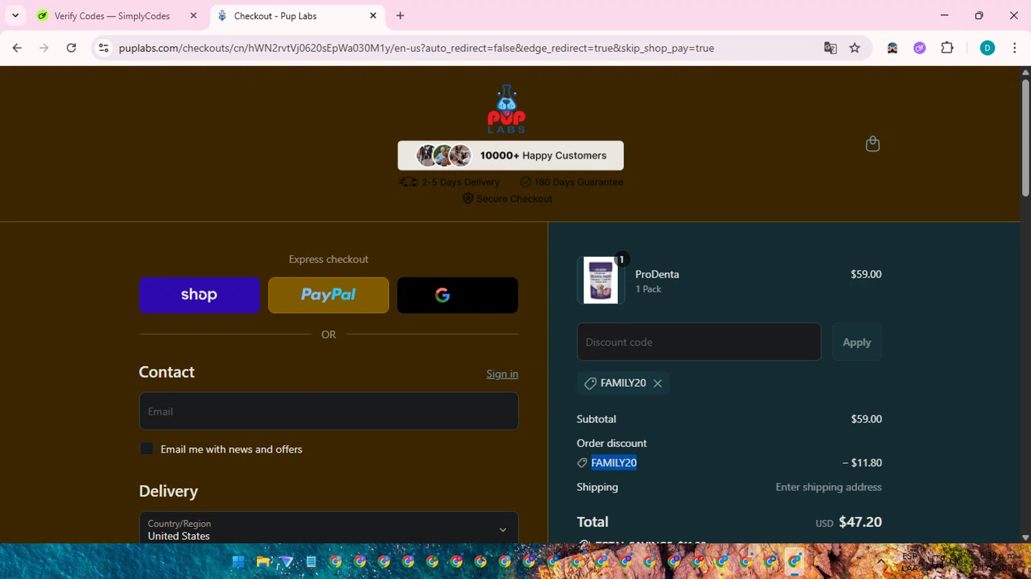 Pup Labs promo code screenshot showing code FAMILY20 applied at Pup Labs checkout page. Uploaded by SimplyCodes community member ShrewdTracker5871 on Sep 11, 2025