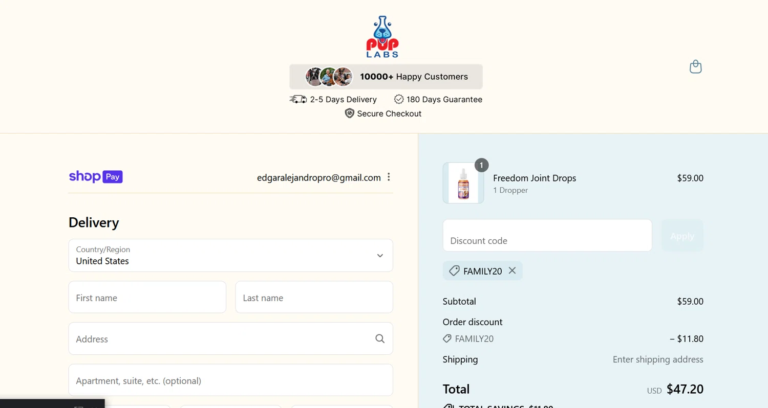 Pup Labs promo code screenshot showing code FAMILY20 applied at Pup Labs checkout page. Uploaded by SimplyCodes community member ValiantLion5897 on Jul 31, 2025