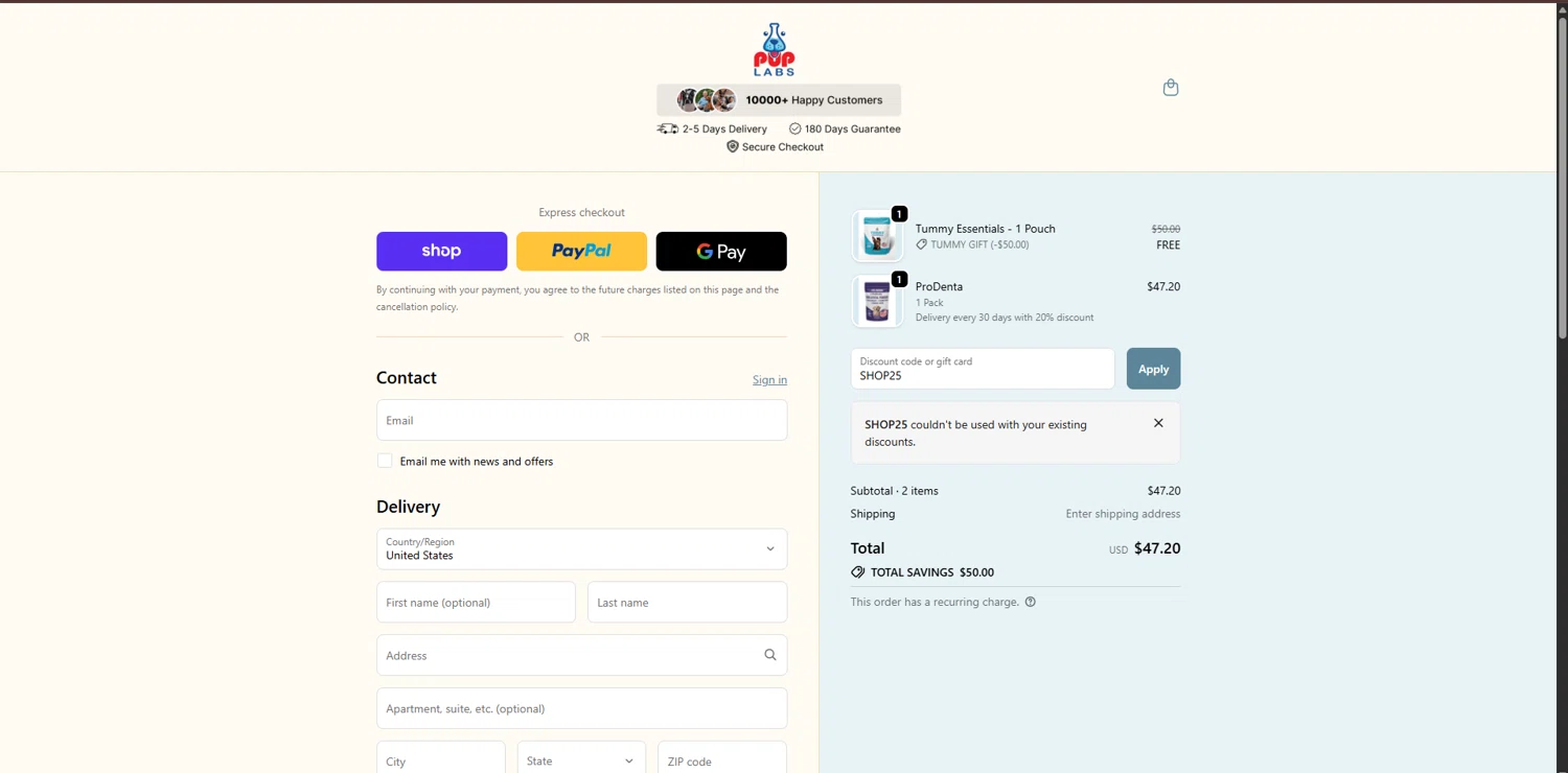 Pup Labs promo code screenshot showing code SHOP25 applied at Pup Labs checkout page. Uploaded by SimplyCodes community member MagnificentTitan8616 on Oct 27, 2025