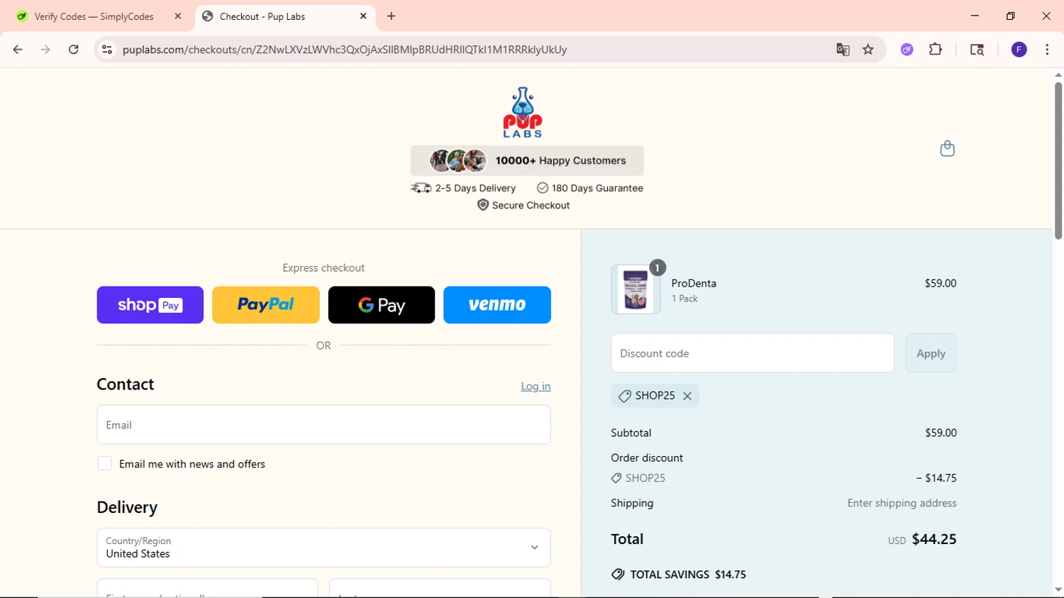 Pup Labs promo code screenshot showing code SHOP25 applied at Pup Labs checkout page. Uploaded by SimplyCodes community member MightyCaptain635 on Jun 21, 2025