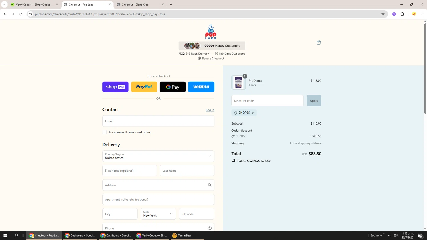 Pup Labs promo code screenshot showing code SHOP25 applied at Pup Labs checkout page. Uploaded by SimplyCodes community member Richard251 on Jul 27, 2025