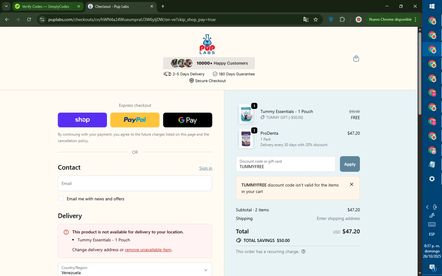 Pup Labs promo code screenshot showing code TUMMYFREE applied at Pup Labs checkout page. Uploaded by SimplyCodes community member CashMaverick8128 on Oct 27, 2025