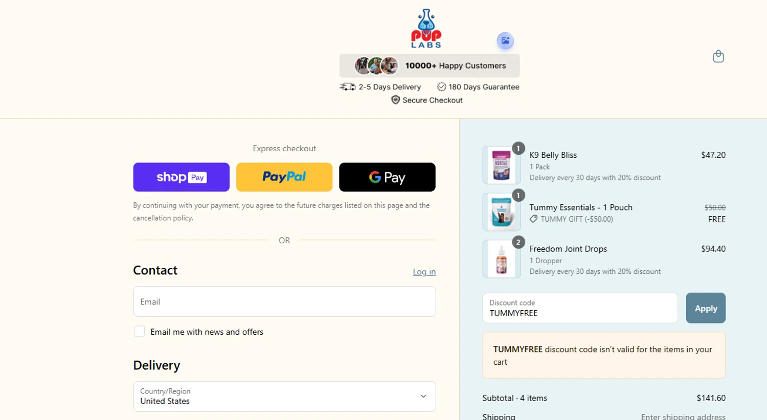 Pup Labs promo code screenshot showing code TUMMYFREE applied at Pup Labs checkout page. Uploaded by SimplyCodes community member ashe1986 on Jul 31, 2025