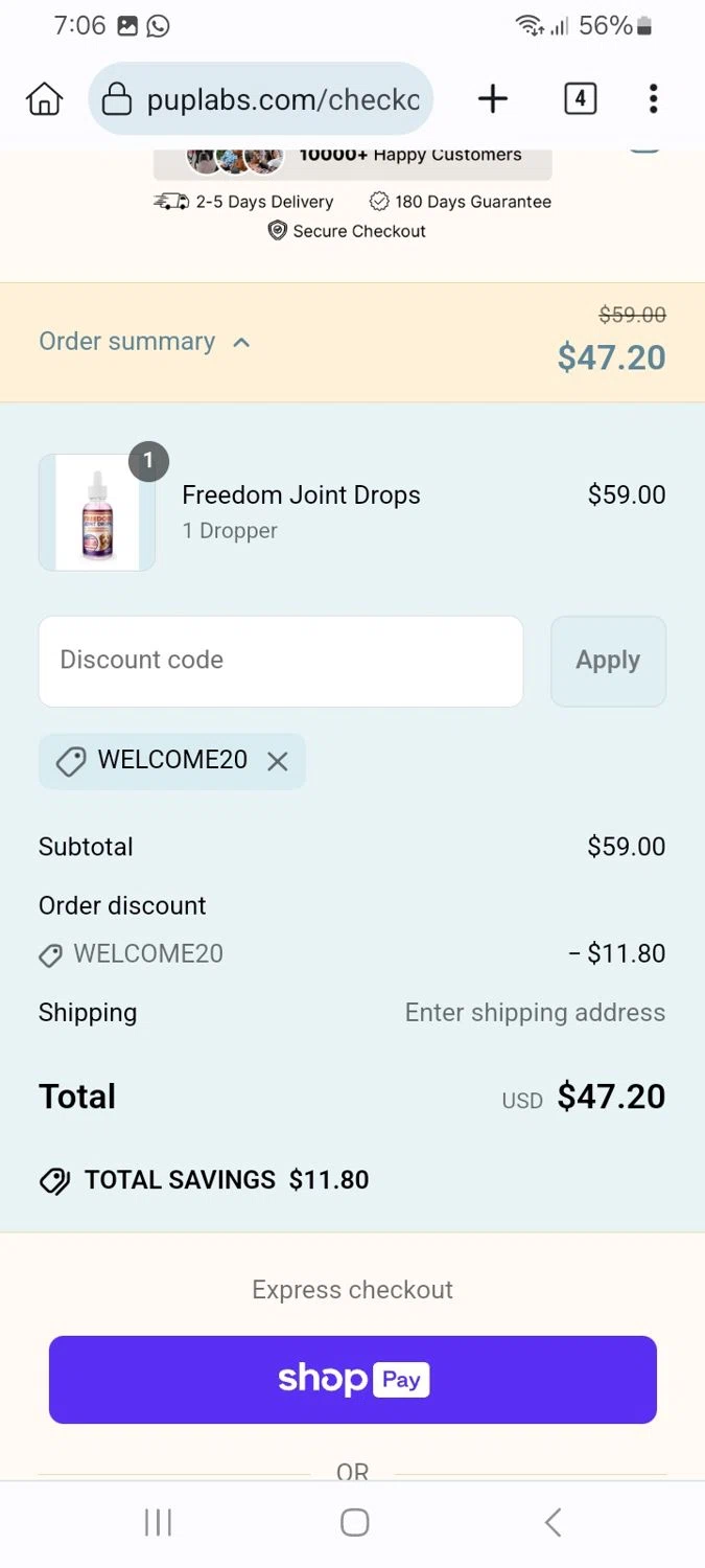 Pup Labs promo code screenshot showing code WELCOME20 applied at Pup Labs checkout page. Uploaded by SimplyCodes community member ScanMaverick9378 on Apr 3, 2025