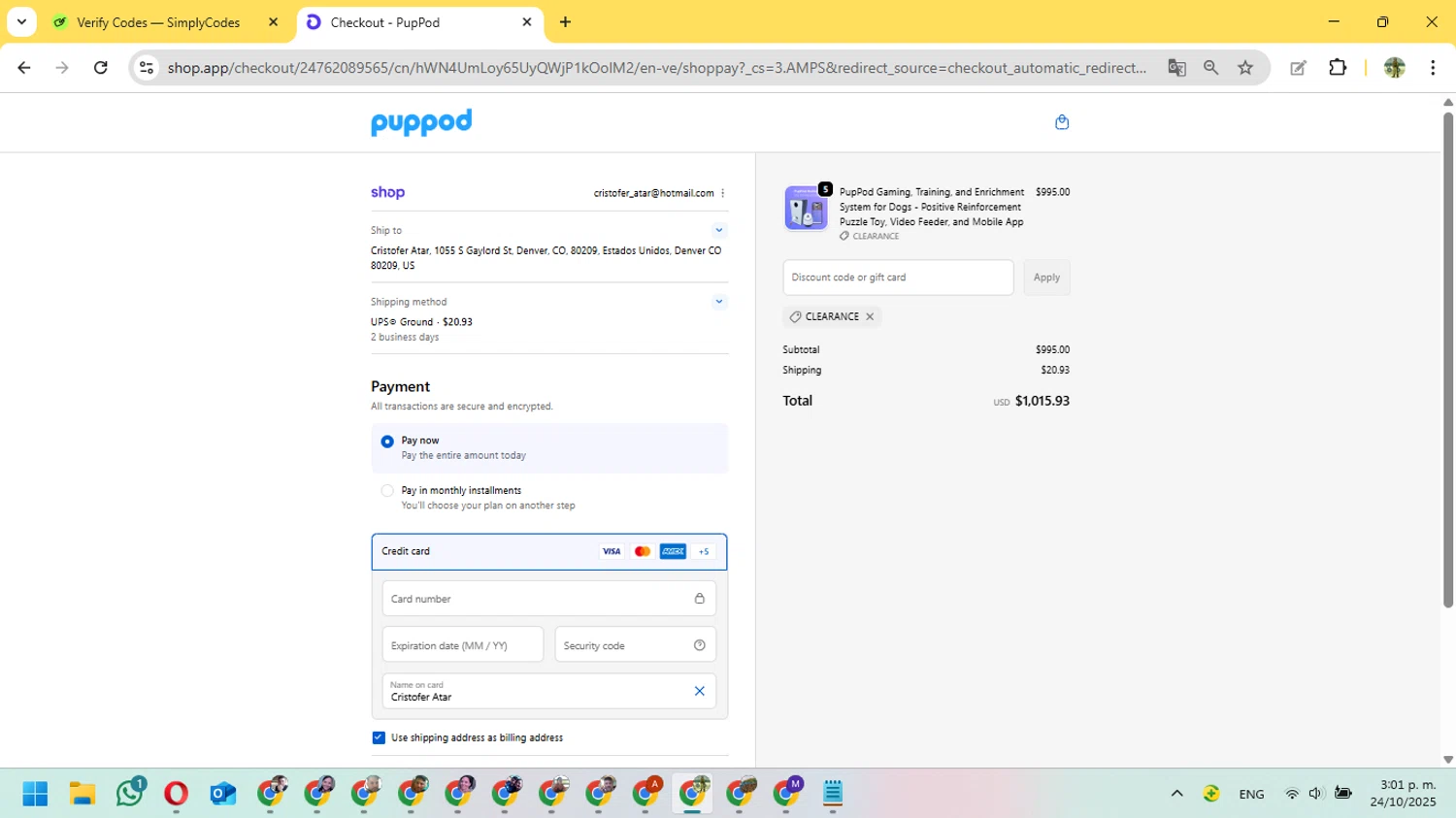 PupPod discount code screenshot showing code CLEARANCE applied at PupPod checkout page. Uploaded by SimplyCodes community member FundoSinai on Oct 24, 2025