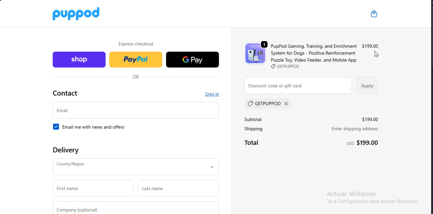 PupPod discount code screenshot showing code getPUPPOD applied at PupPod checkout page. Uploaded by SimplyCodes community member RebateSpotter2821 on Nov 26, 2025