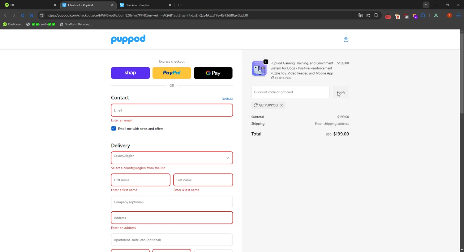 PupPod discount code screenshot showing code getPUPPOD applied at PupPod checkout page. Uploaded by SimplyCodes community member SavvyFinder1532 on Nov 27, 2025