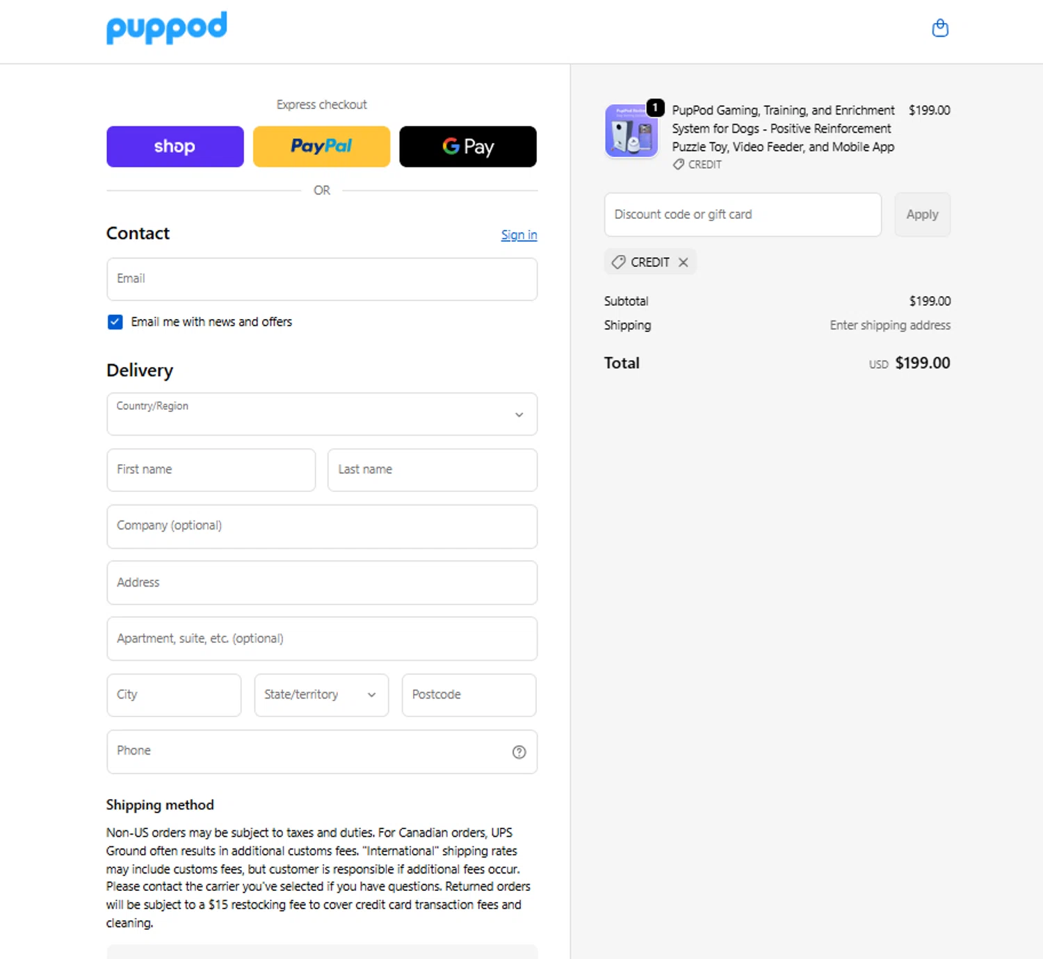 PupPod discount code screenshot showing code credit applied at PupPod checkout page. Uploaded by SimplyCodes community member Mbappe on Feb 2, 2026