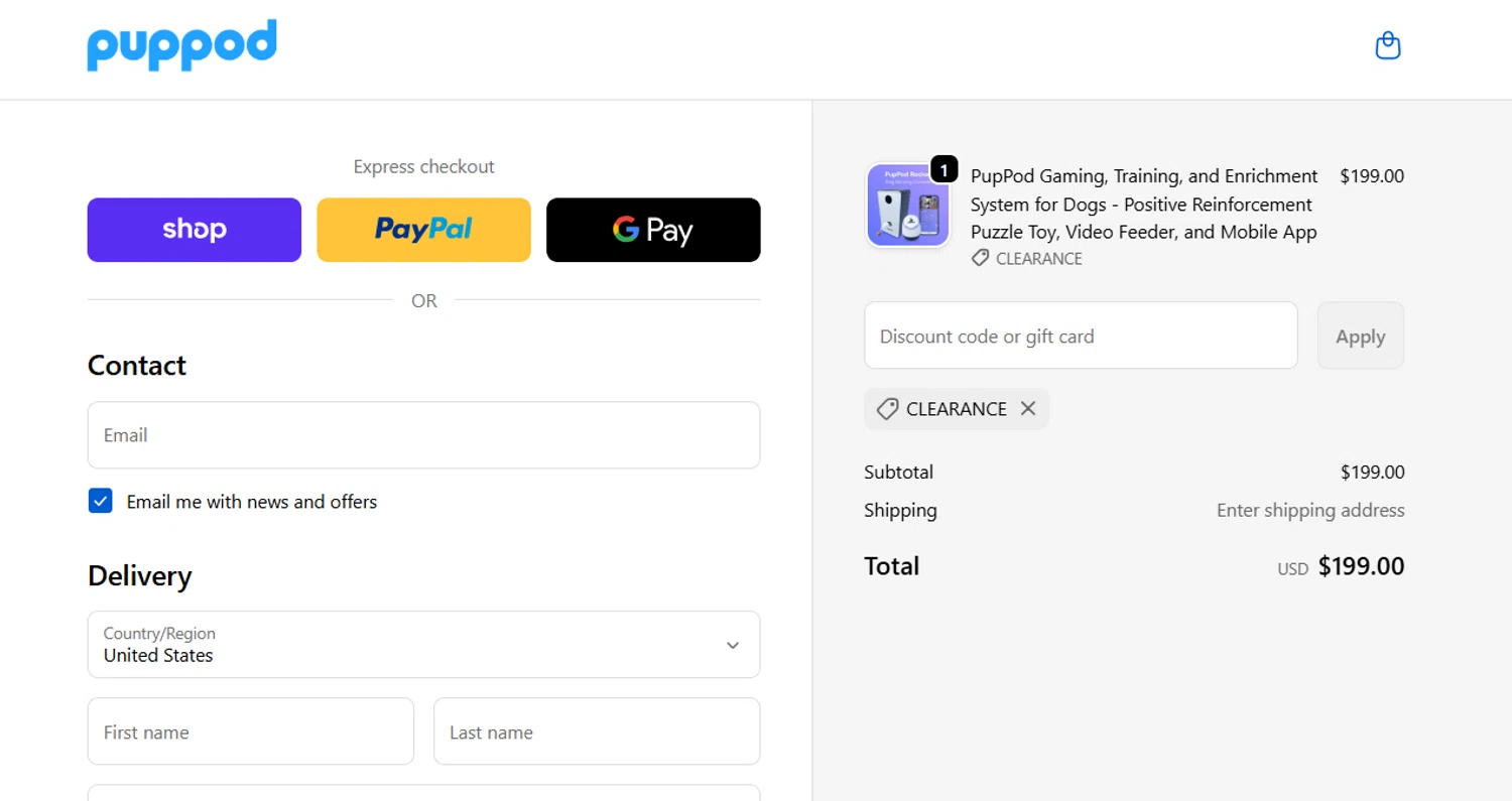 PupPod discount code screenshot showing code CLEARANCE applied at PupPod checkout page. Uploaded by SimplyCodes community member erigram17 on Oct 11, 2025
