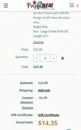 PupRWear coupon verification screenshot