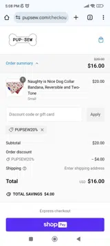 PUPSEW20% coupon verification screenshot