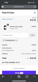 COMENBACK10 coupon verification screenshot
